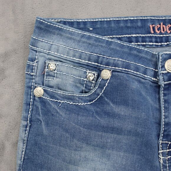 Rebel Soul Pants Womens 8 Blue Mid Rise 5 Pocket Design Boot Cut Faded Jeans - Picture 11 of 16
